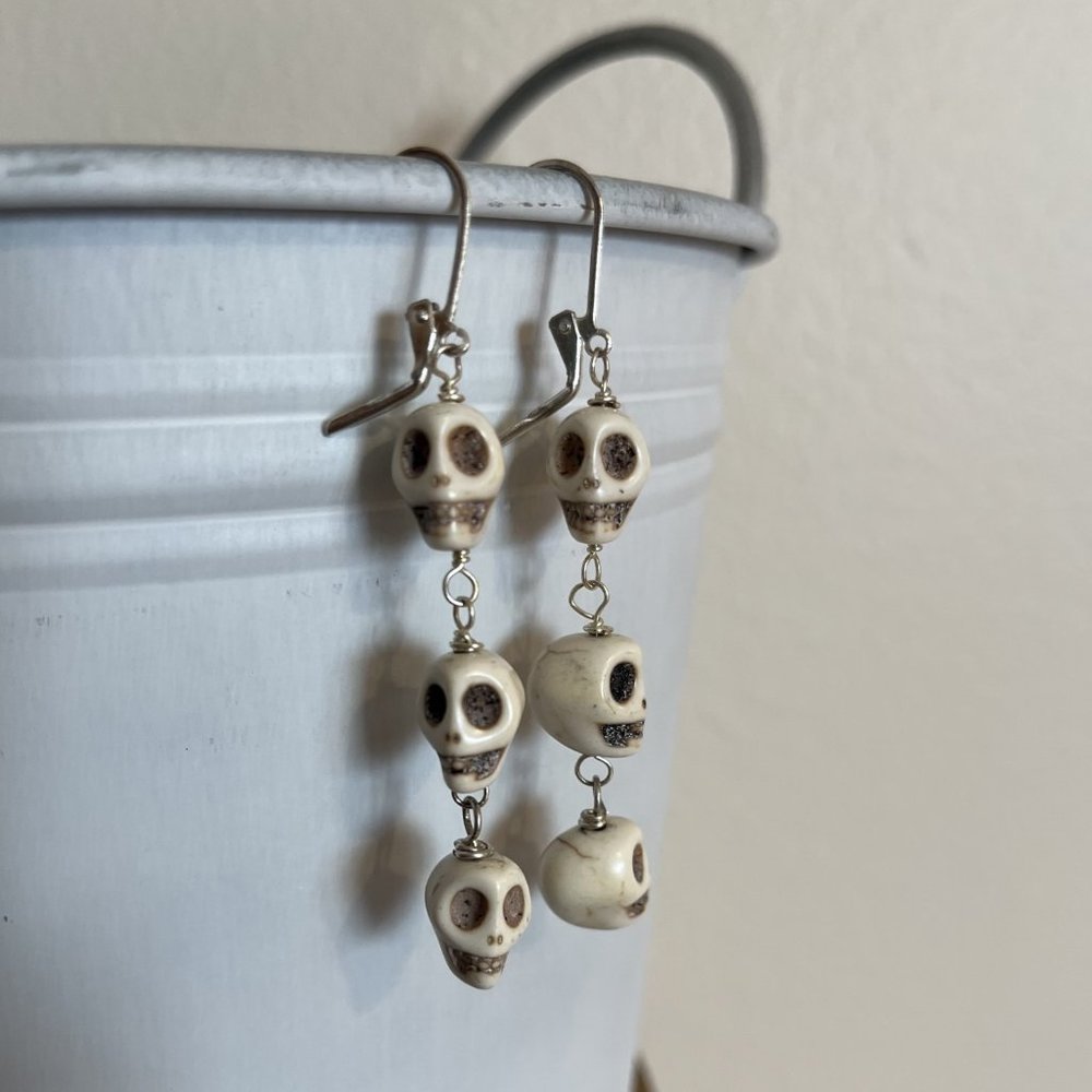 Triple Magnesite Skull Dangle Earrings, Handmade Original Design